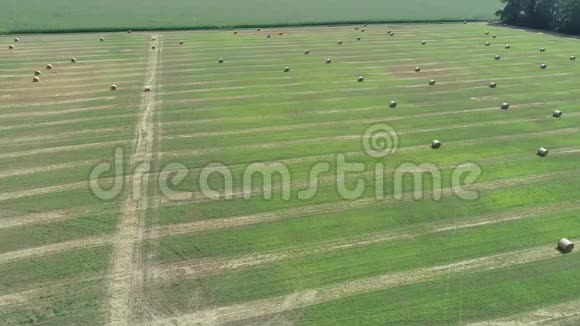 鸟瞰绿橙色的田野有圆形的草捆干草4k视频视频的预览图