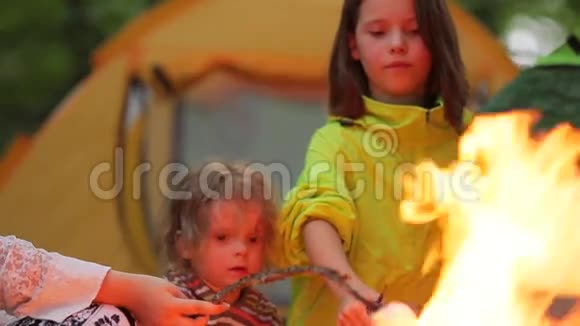 男孩和女孩在篝火旁烤棉花糖视频的预览图