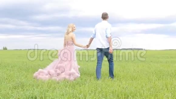 恋爱中的年轻夫妇在夕阳下牵手在田野里散步视频的预览图