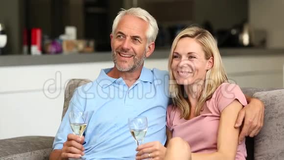 一对夫妇捧着酒杯看电视视频的预览图
