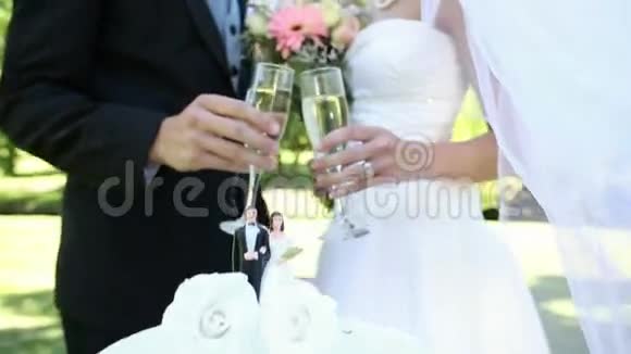 新婚快乐在婚礼蛋糕旁享用香槟视频的预览图