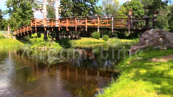 穿着长裙的女人走着桥和河水的倒影视频的预览图