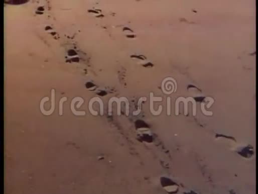 夫妇在沙滩上散步留下脚印的后景视频的预览图