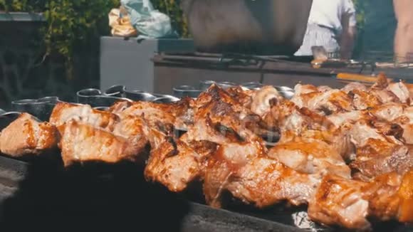 在大自然的烤架上煮的什什烤串街头美食烤肉串上烤肉视频的预览图