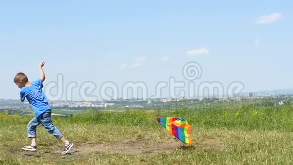 小男孩喜欢用放风筝走路玩自然野餐视频的预览图