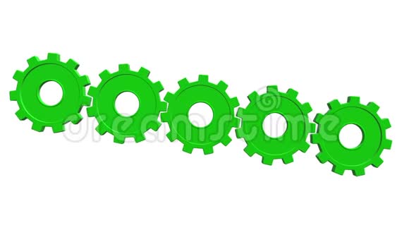 三维动画五个绿色齿轮旋转白色背景阿尔法通道视频的预览图