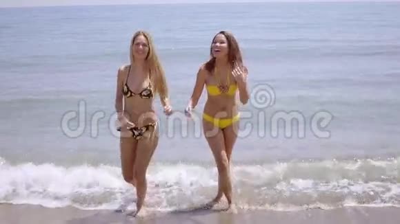 两个快乐微笑的年轻女人在海滩上视频的预览图