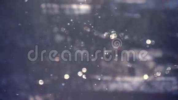 一片蓝色的背景在阳光下飘落的雪视频的预览图