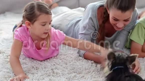 可爱的兄弟姐妹在地毯上和他们的母亲玩小狗视频的预览图
