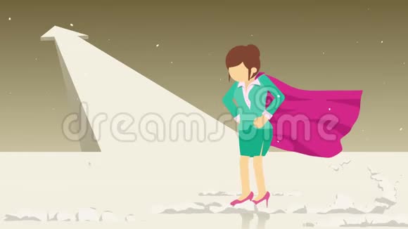 箭头图形显示站在一团尘土旁边的超级英雄商业女性的象征领导力和挑战理念喜剧循环动画视频的预览图