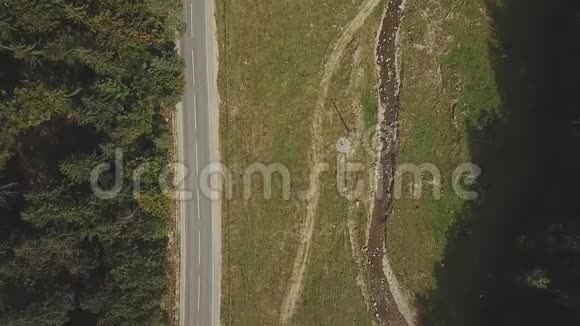 空中观车骑在路上的针叶林中的群山游客在汽车附近自拍视频的预览图