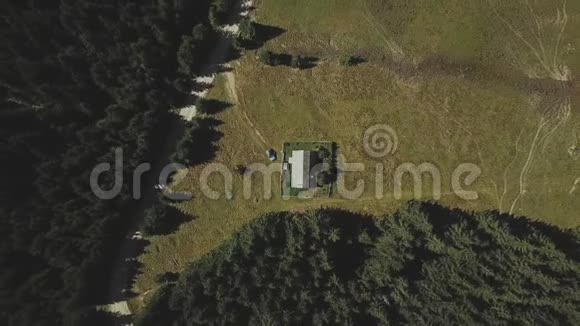 空中观车骑在路上的针叶林中的群山游客在汽车附近自拍视频的预览图