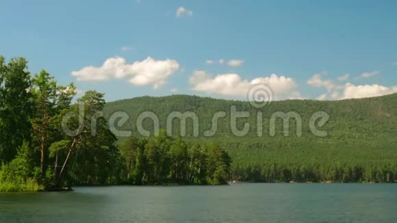 美丽的湖景有蓝天树木和湖泊的夏季景观视频的预览图