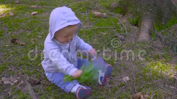 宝贝正拿着一束蓝色的花坐在森林里视频的预览图