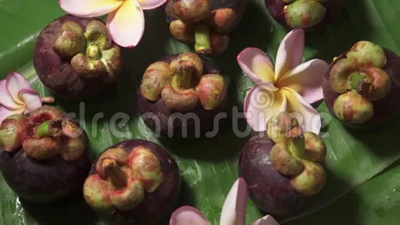 香蕉叶上旋转的鲜发热带泰国果芒骨果视频的预览图