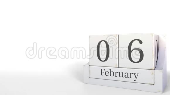 木块日历显示2月6日的日期3D动画视频的预览图