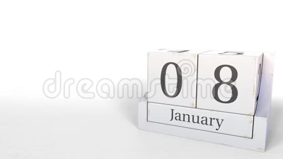 木块日历显示1月8日3D动画视频的预览图