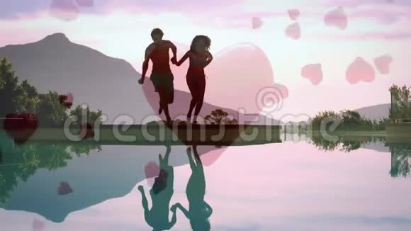 可爱的一对夫妇在湖中跳跃背景是数字心脏视频的预览图