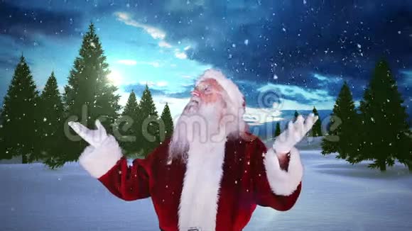 圣诞老人举起双手面对雪杉林视频的预览图