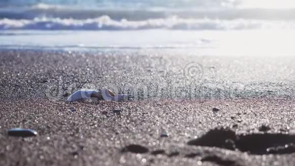 一个人的头骨在海滩上在海浪下4k慢动作视频的预览图