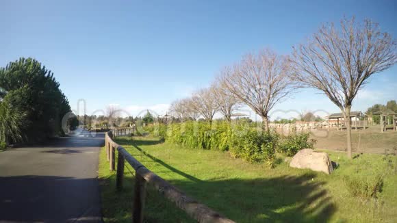 道路附近的绿色公园和木制围栏视频的预览图