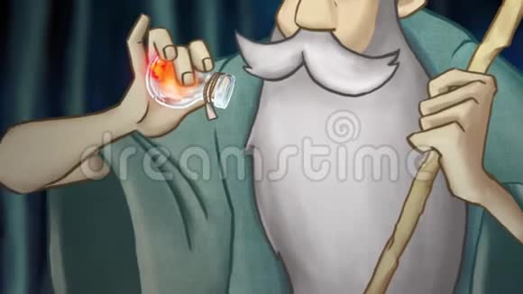 巫师和魔法库存录像老巫师在大锅里准备药水的卡通动画巫师混合药剂视频的预览图