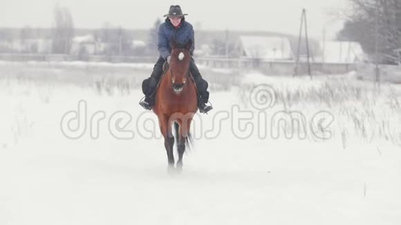 马术运动在雪地户外骑马的妇女视频的预览图