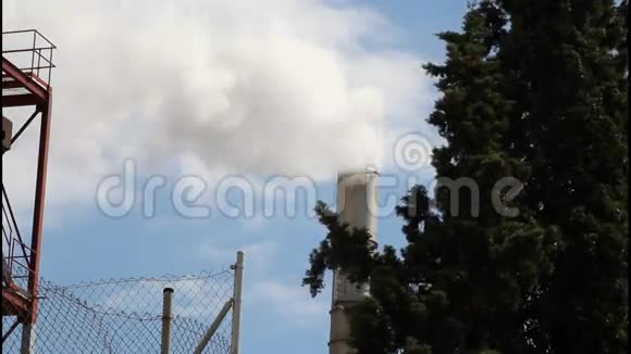 树后工业建筑的烟雾视频的预览图