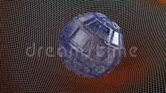 抽象的蓝色玻璃浮雕球体上的红色变形网格三维渲染插图视频的预览图