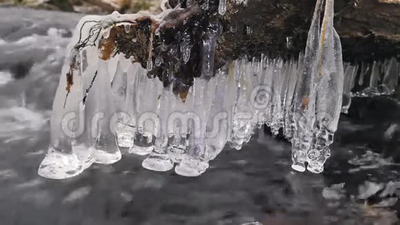 神宁冰柱冬天溪流上方的冰冻水滴创造了美丽的冰柱在泡沫般的冬溪之上闪闪发光的冰倒下的树视频的预览图