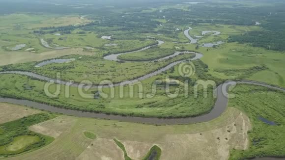飞越美丽的河流和绿色的田野视频的预览图