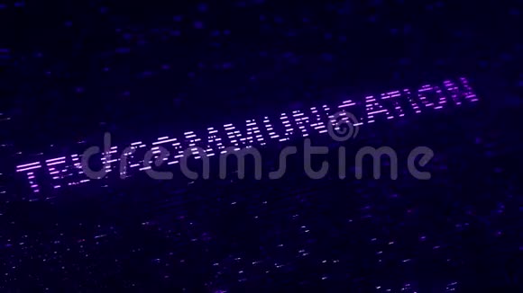 用飞行发光粒子制成的紫色TELECOMMATION字移动技术相关可循环三维动画视频的预览图