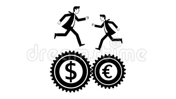 两个商人带着美元和欧元的徽章跑着视频的预览图