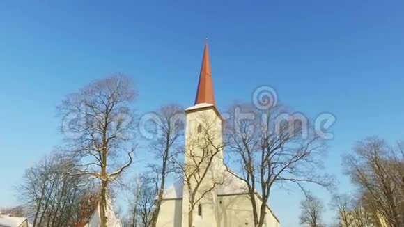 stadicam拍摄了一个美丽的天主教教堂在天主教教堂从下面透过树的树枝看视频的预览图