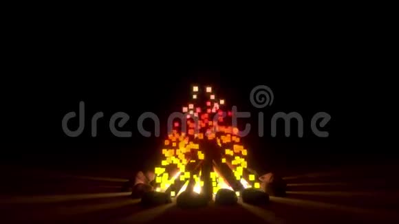 篝火低聚火动画用石头烧火和木头的视频卡通和简单的篝火形式视频的预览图