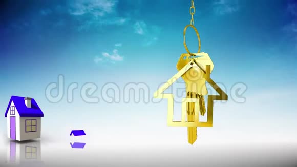 房子钥匙和钥匙离岸价挂在3d房子模型的背景视频的预览图