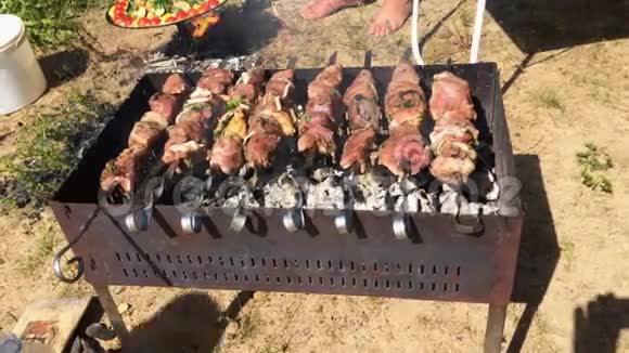 在阳光明媚的夏日野餐中烤架上的肉视频的预览图