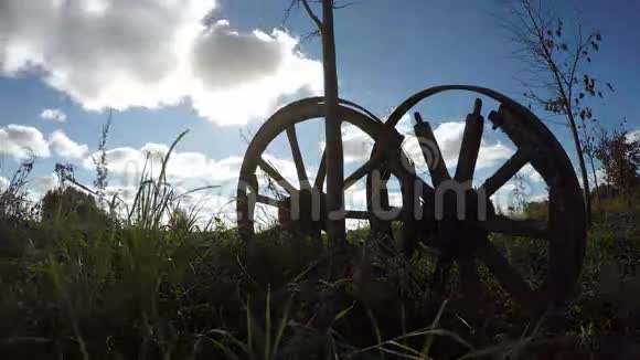 两辆破旧的木马马车在田野上延时4K视频的预览图