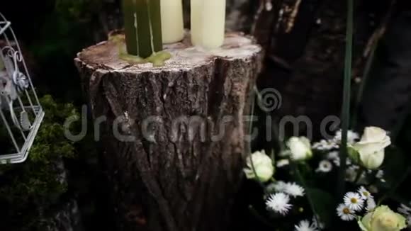 美丽的婚礼装饰和蜡烛桦木原木视频的预览图