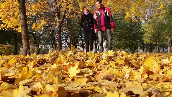 在秋天公园散步的年轻人和女孩视频的预览图