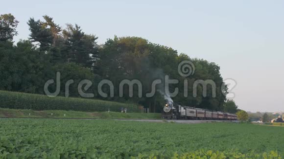 一台1924年的蒸汽机乘火车吹烟在夏日沿着阿米什农村旅行视频的预览图