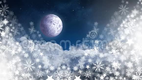 圣诞老人在雪橇上驯鹿在雪花和月亮中飞翔视频的预览图