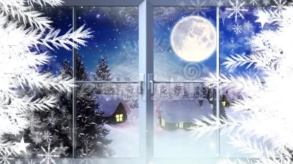 雪花和窗户圣诞老人和驯鹿在冬天飞翔视频的预览图