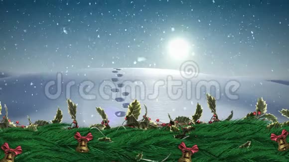 圣诞冬青花圈金色的雪花视频的预览图
