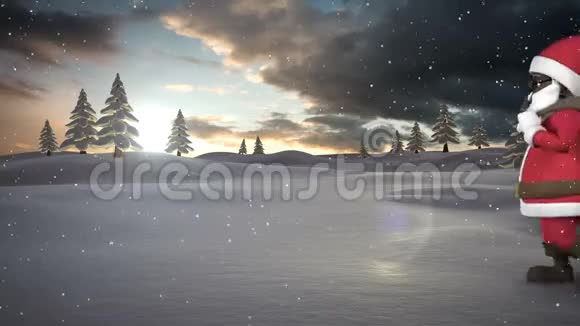 圣诞老人在美丽的风景中散步的动画视频的预览图