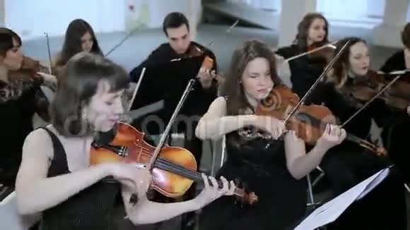 管弦乐队音乐家在音乐厅拉小提琴视频的预览图