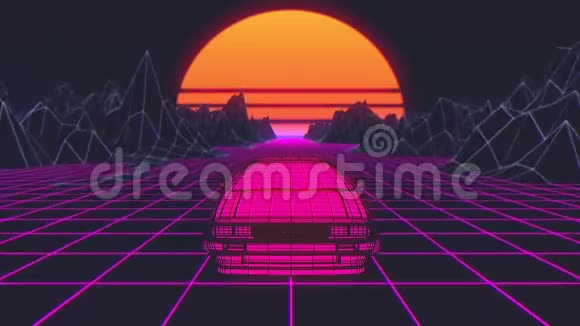 复古未来80年代风格的科幻背景未来派的车3D动画视频的预览图