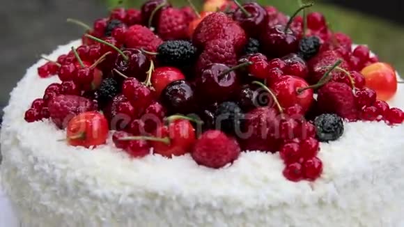 水果蛋糕与椰子片与果冻浆果水果果冻蛋糕浆果生日蛋糕烹饪杰作暑假假期视频的预览图
