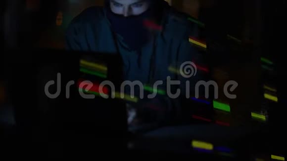 哈克穿着巴拉克拉瓦在一个黑暗的房间里使用电脑前台上有五颜六色的数字灯视频的预览图