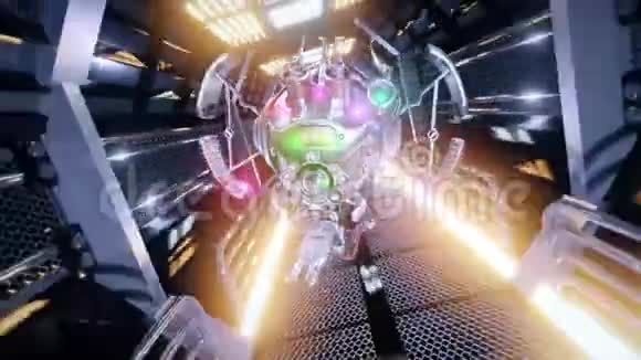 巡逻的军用无人机飞过飞船的走廊科幻未来空间隧道VJ背景和视频的预览图
